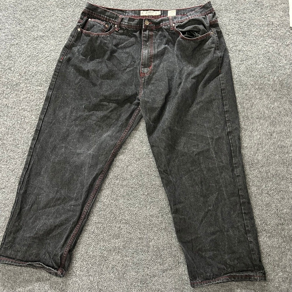 Akademiks Jeans Mens Size 48 Black Jeanius Relaxed Fit Red Stitch Streetwear